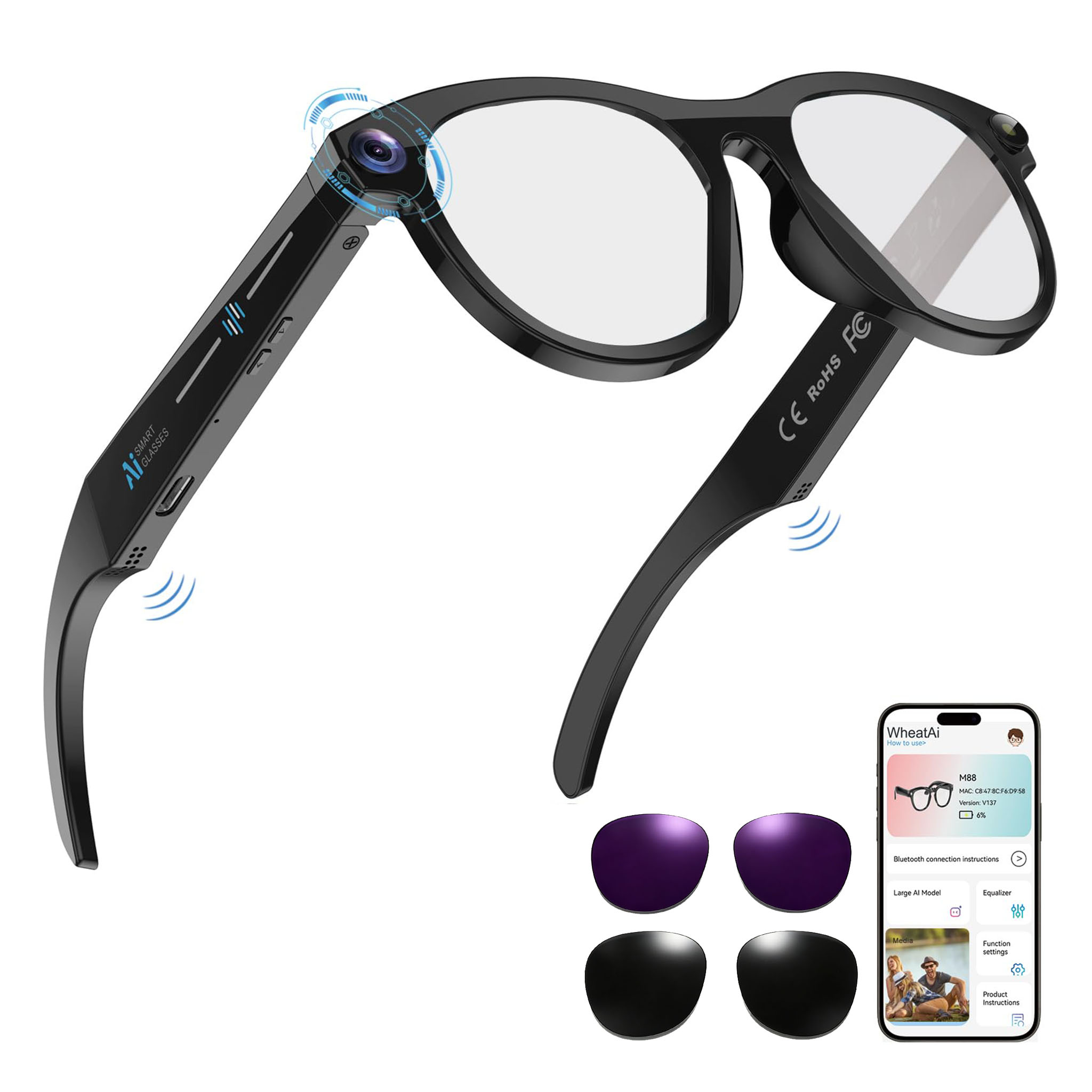 Black Smart Ai Glasses for Men - Smart Glasses Lens avis et prix