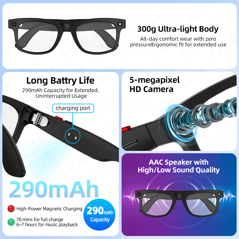 LIGE 5MP Camera Smart Glasses  - Smart Glasses Lens avis et prix
